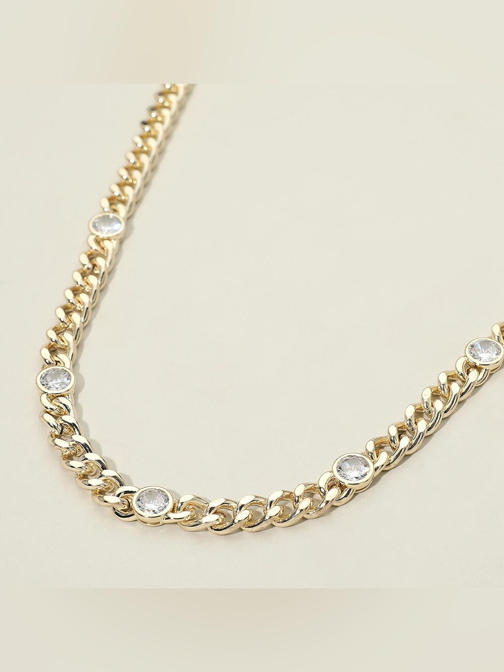 14K Gold Plated Round CZ Bezel Station Chunky Curb Chain Necklace
